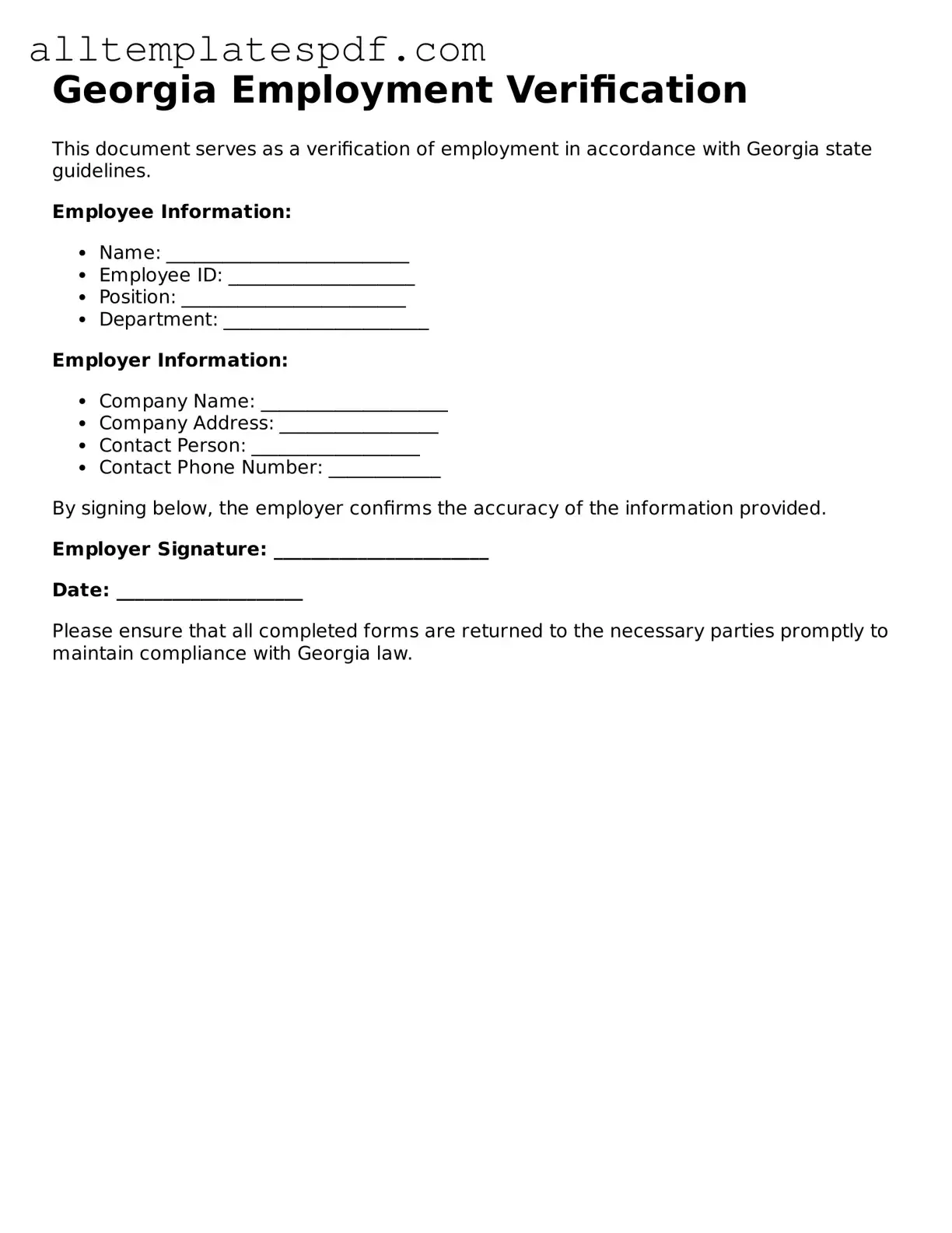 Blank Employment Verification Template for the State of Georgia