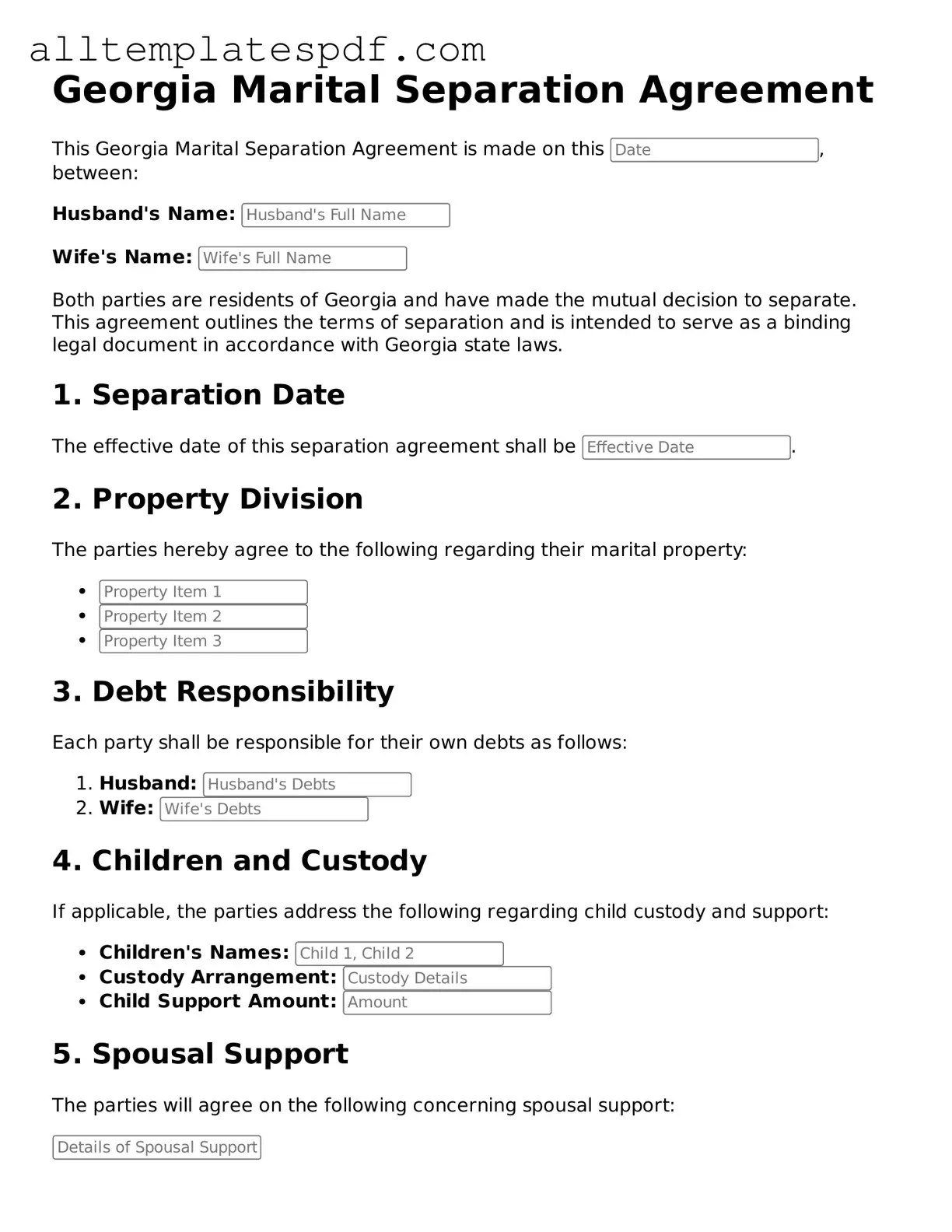 Blank Marital Separation Agreement Template for the State of Georgia