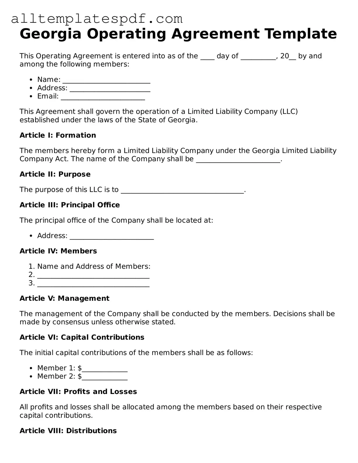 Blank Operating Agreement Template for the State of Georgia