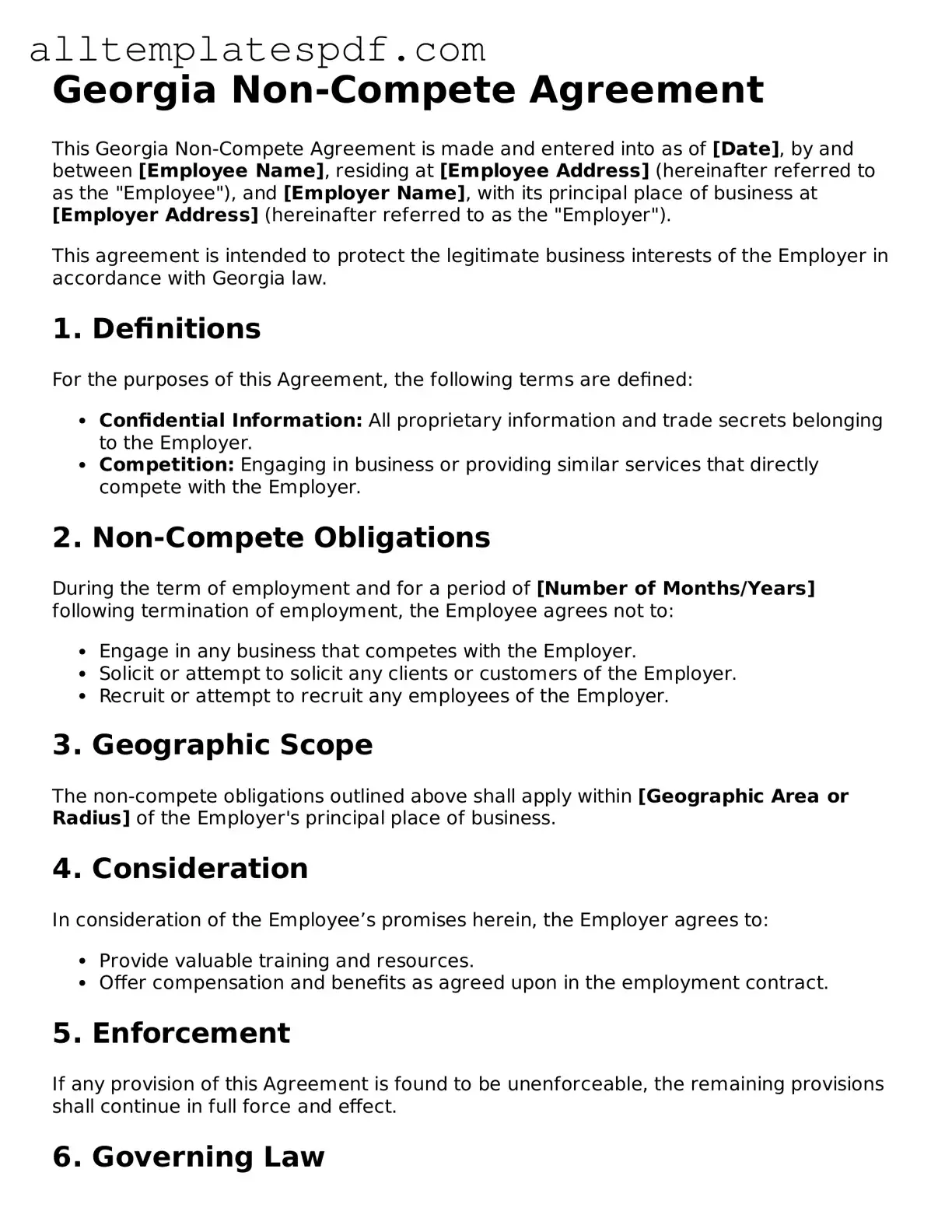 Blank Non-compete Agreement Template for the State of Georgia