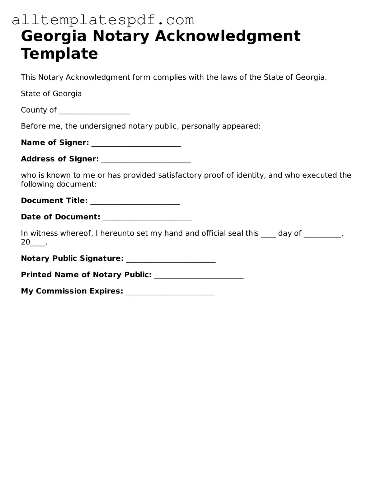 Blank Notary Acknowledgement Template for the State of Georgia