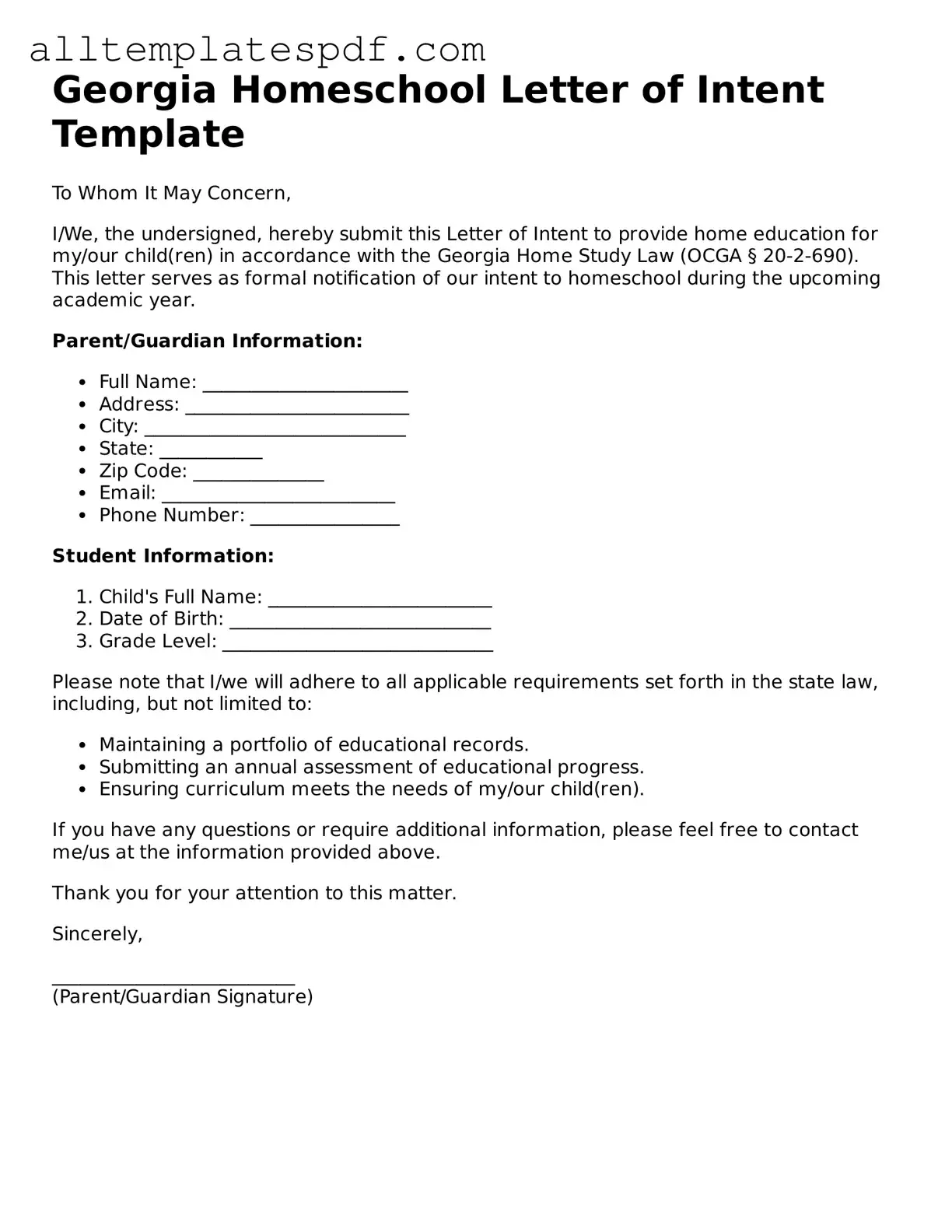 Blank Homeschool Letter of Intent Template for the State of Georgia