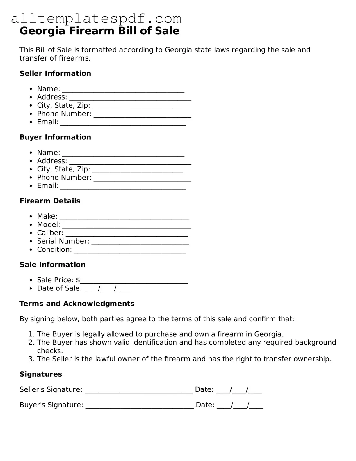 Blank Firearm Bill of Sale Template for the State of Georgia