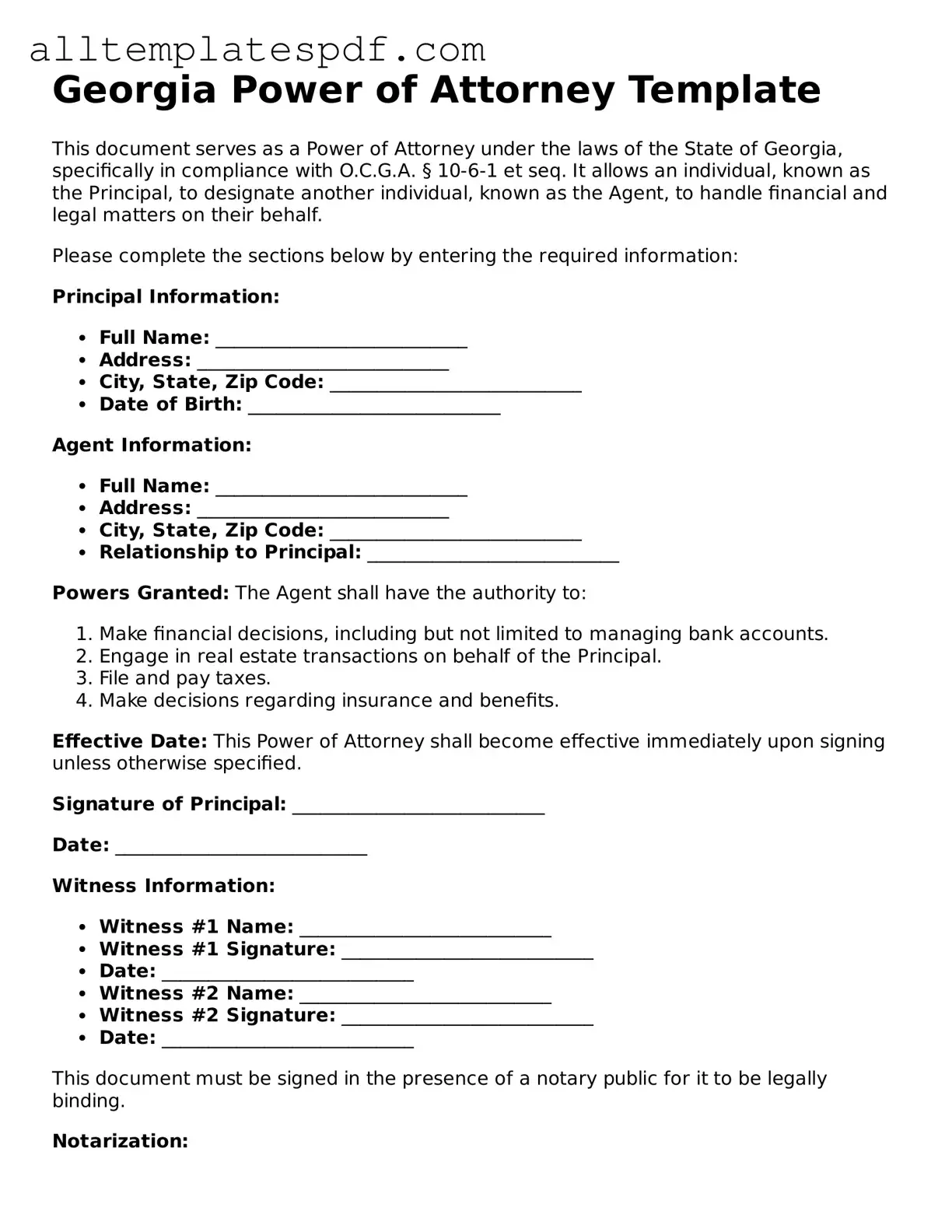 Blank Power of Attorney Template for the State of Georgia
