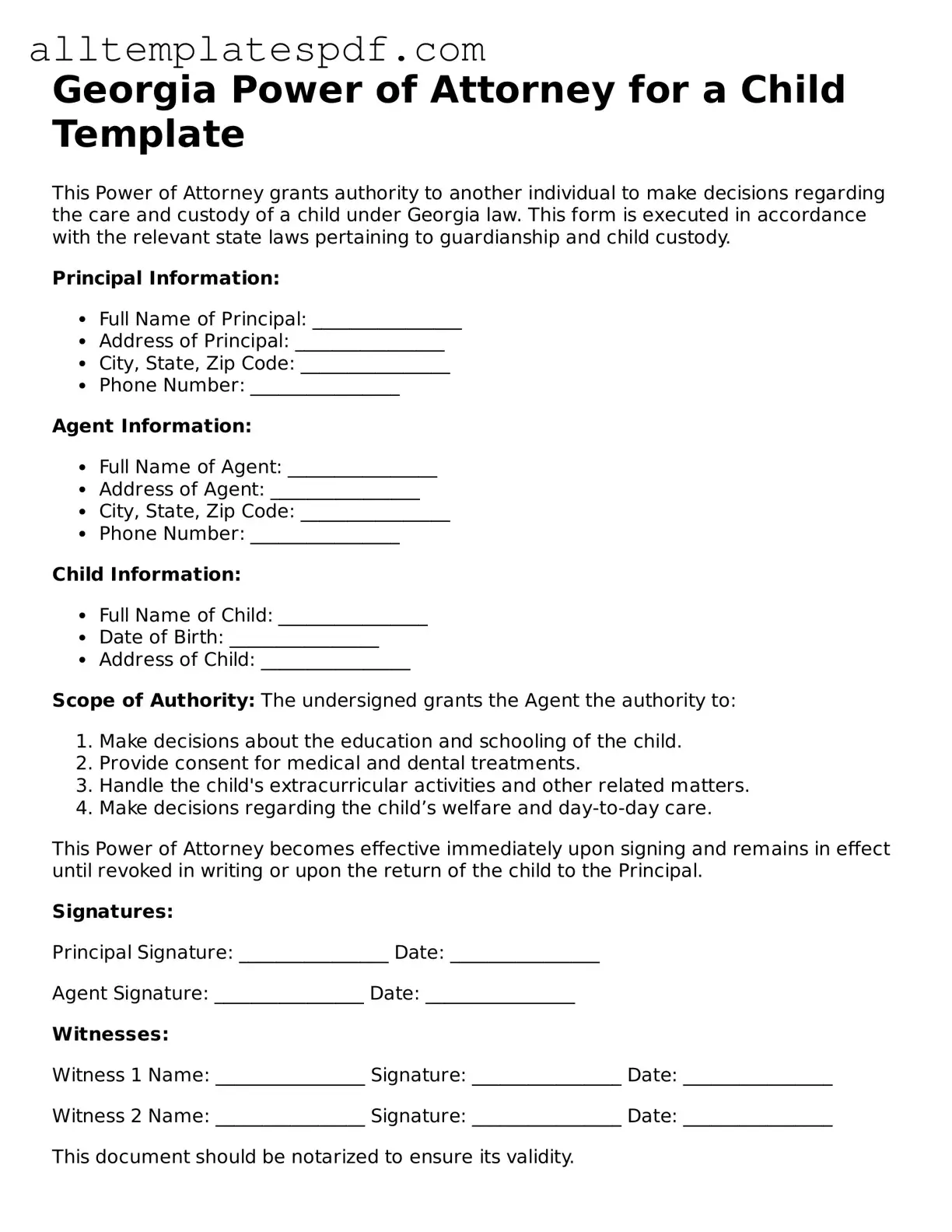 Blank Power of Attorney for a Child Template for the State of Georgia