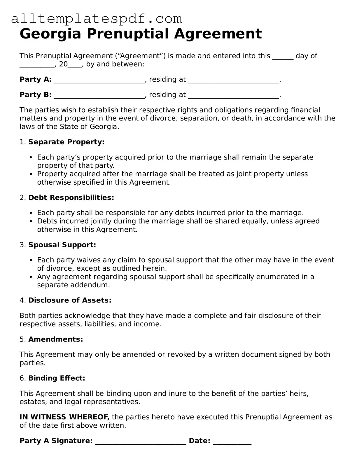 Blank Prenuptial Agreement Template for the State of Georgia