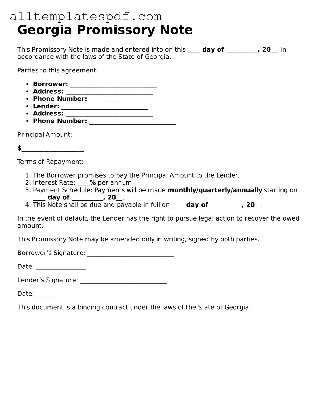 Blank Promissory Note Template for the State of Georgia