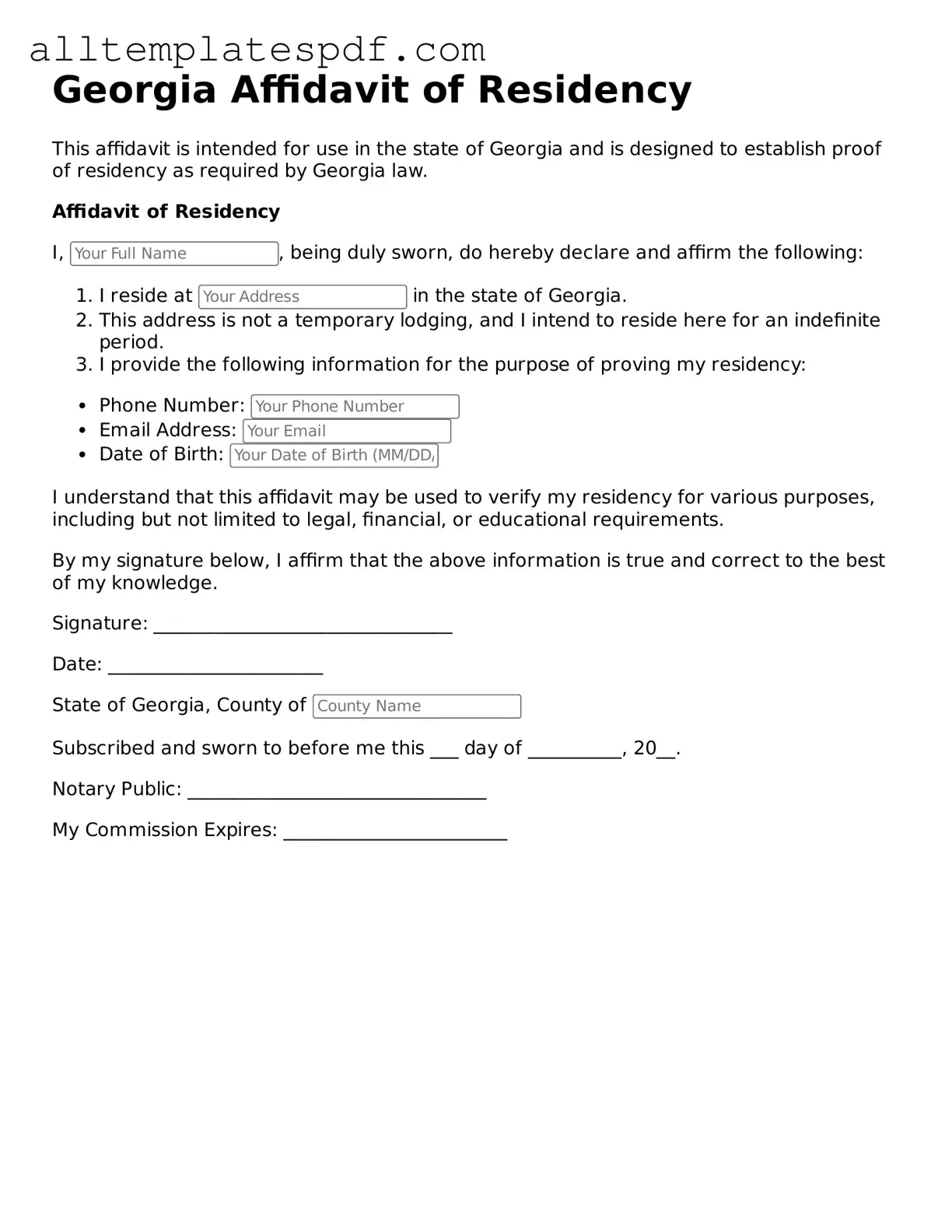 Blank Affidavit of Residency Template for the State of Georgia