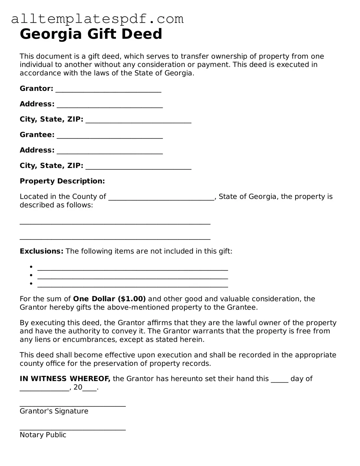 Blank Gift Deed Template for the State of Georgia