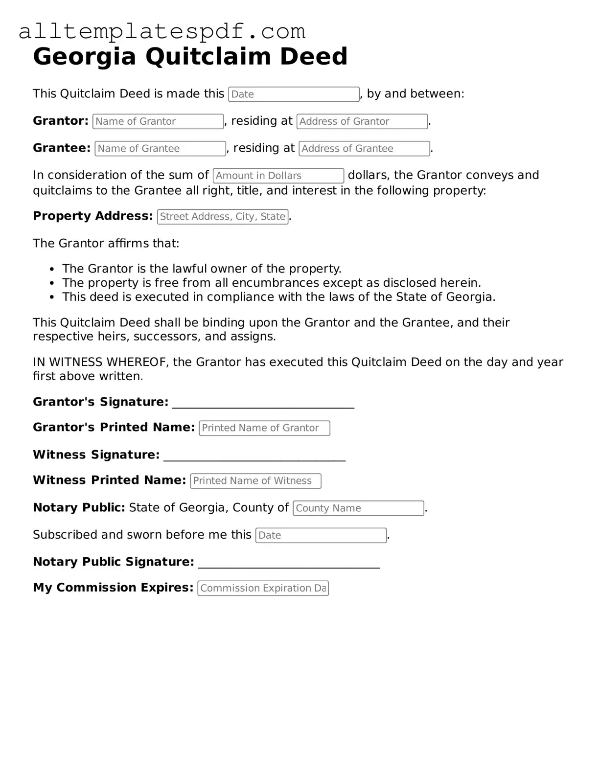Blank Quitclaim Deed Template for the State of Georgia
