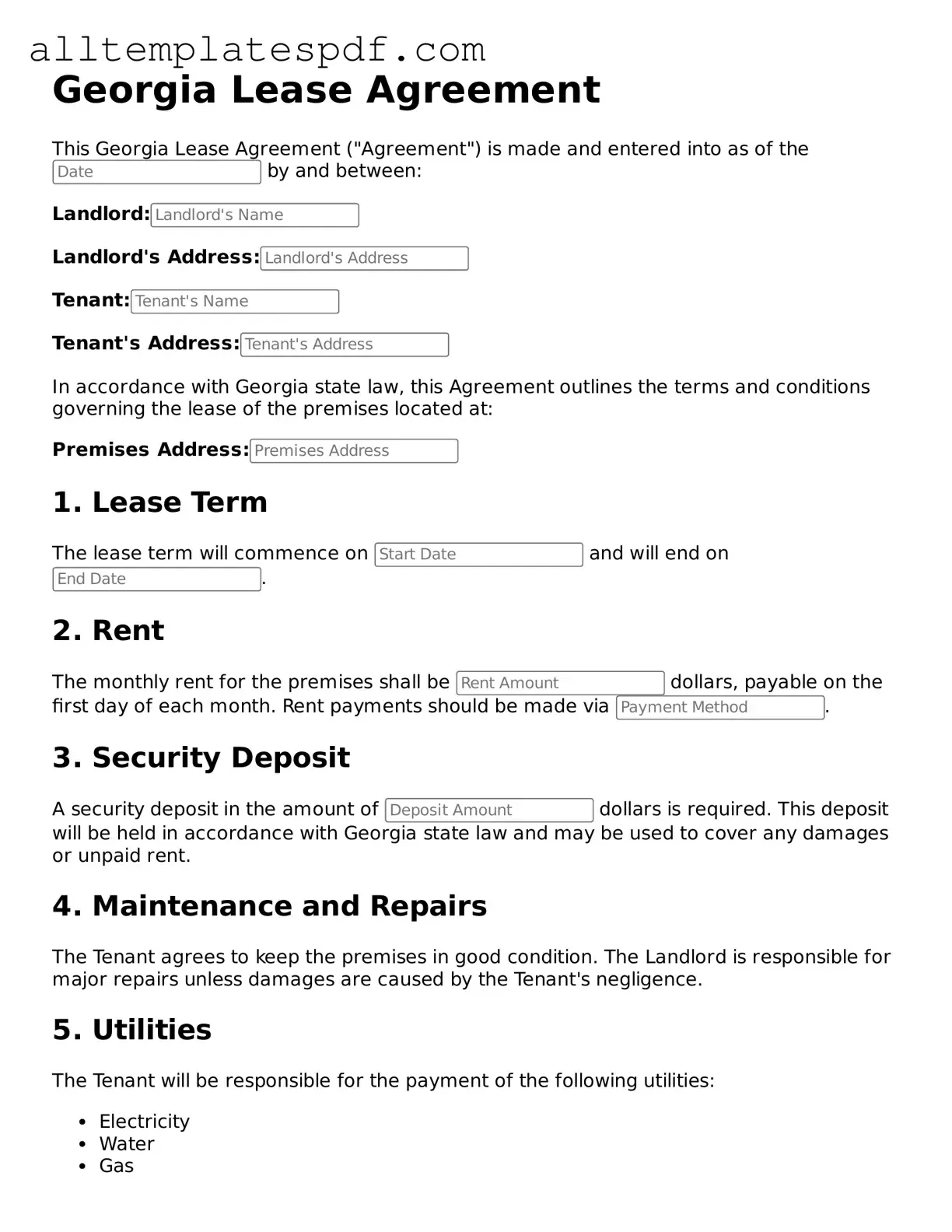 Blank Lease Agreement Template for the State of Georgia