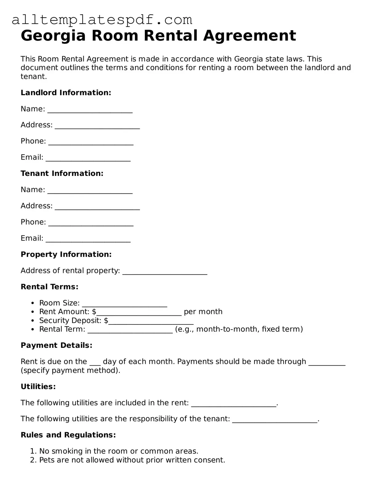 Blank Room Rental Agreement Template for the State of Georgia