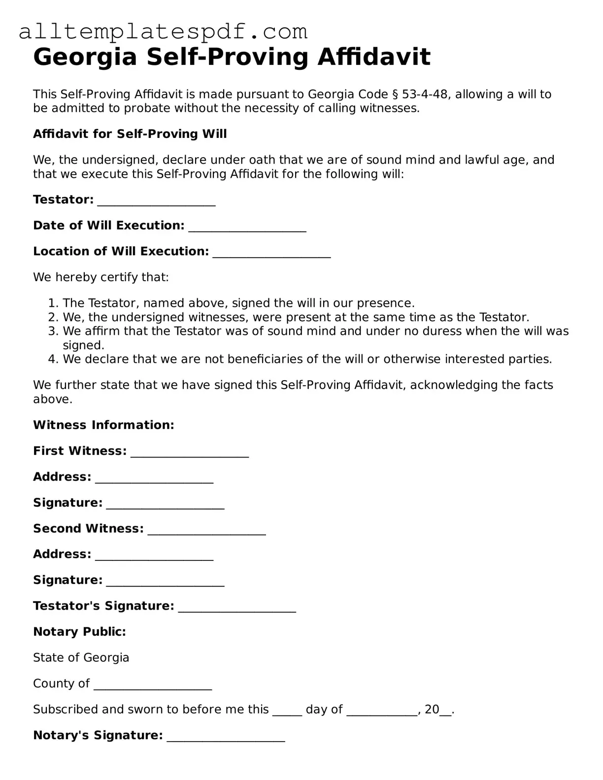 Blank Self-Proving Affidavit Template for the State of Georgia