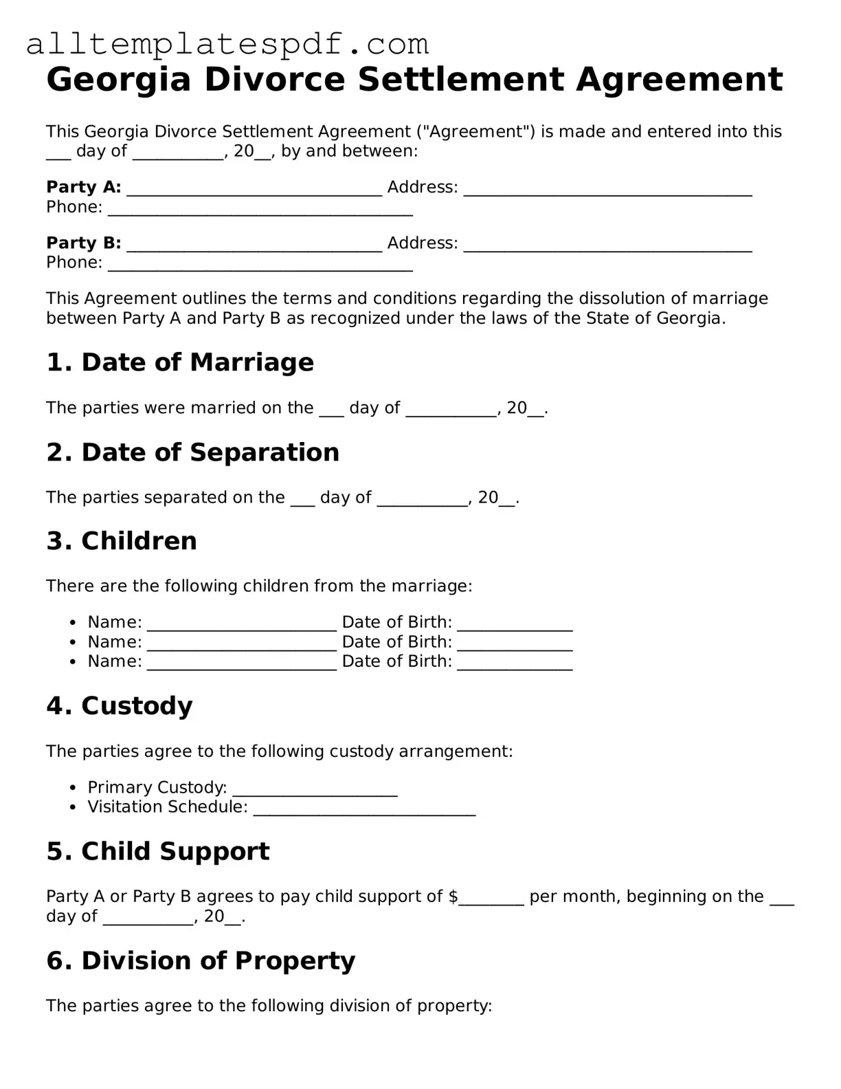 Blank Divorce Settlement Agreement Template for the State of Georgia