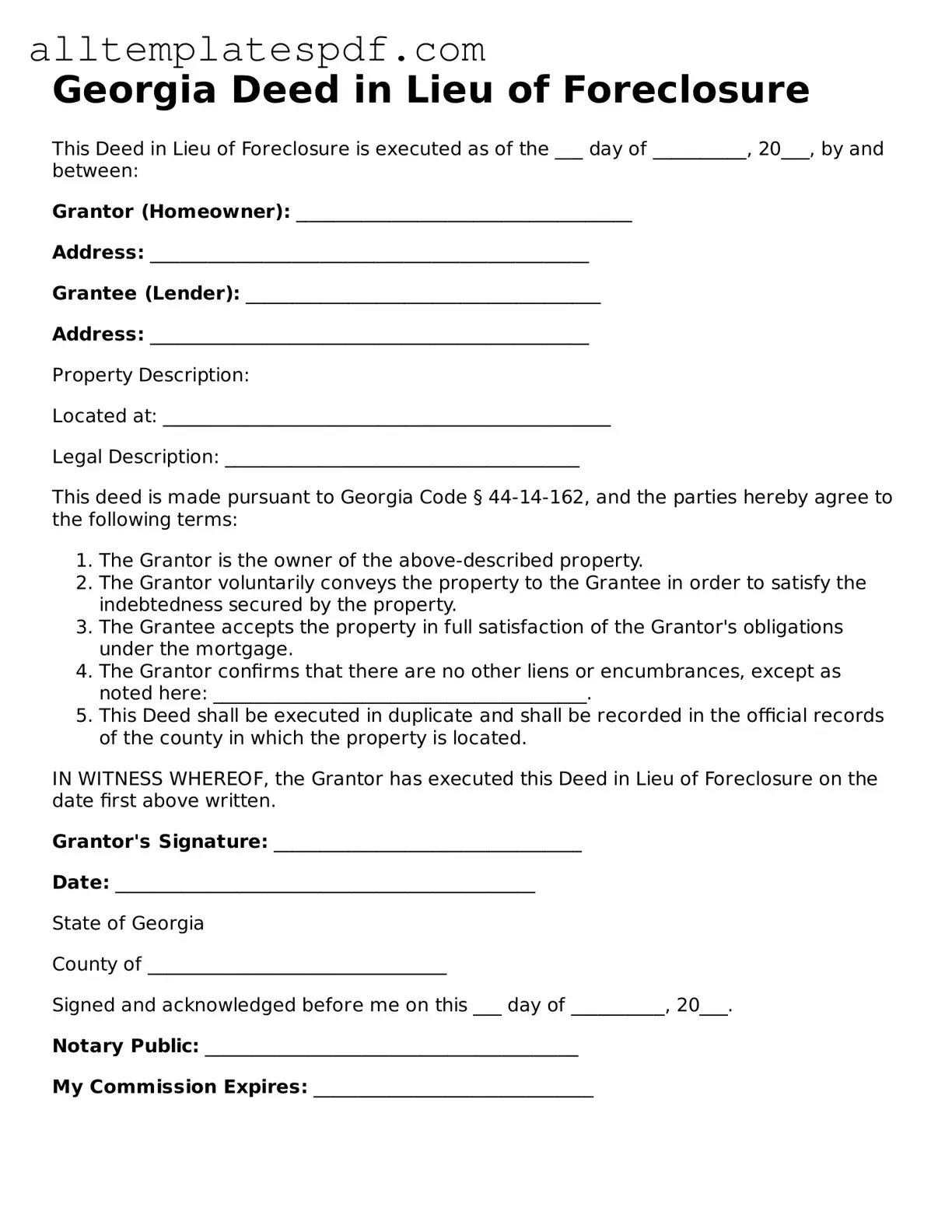 Blank Deed in Lieu of Foreclosure Template for the State of Georgia
