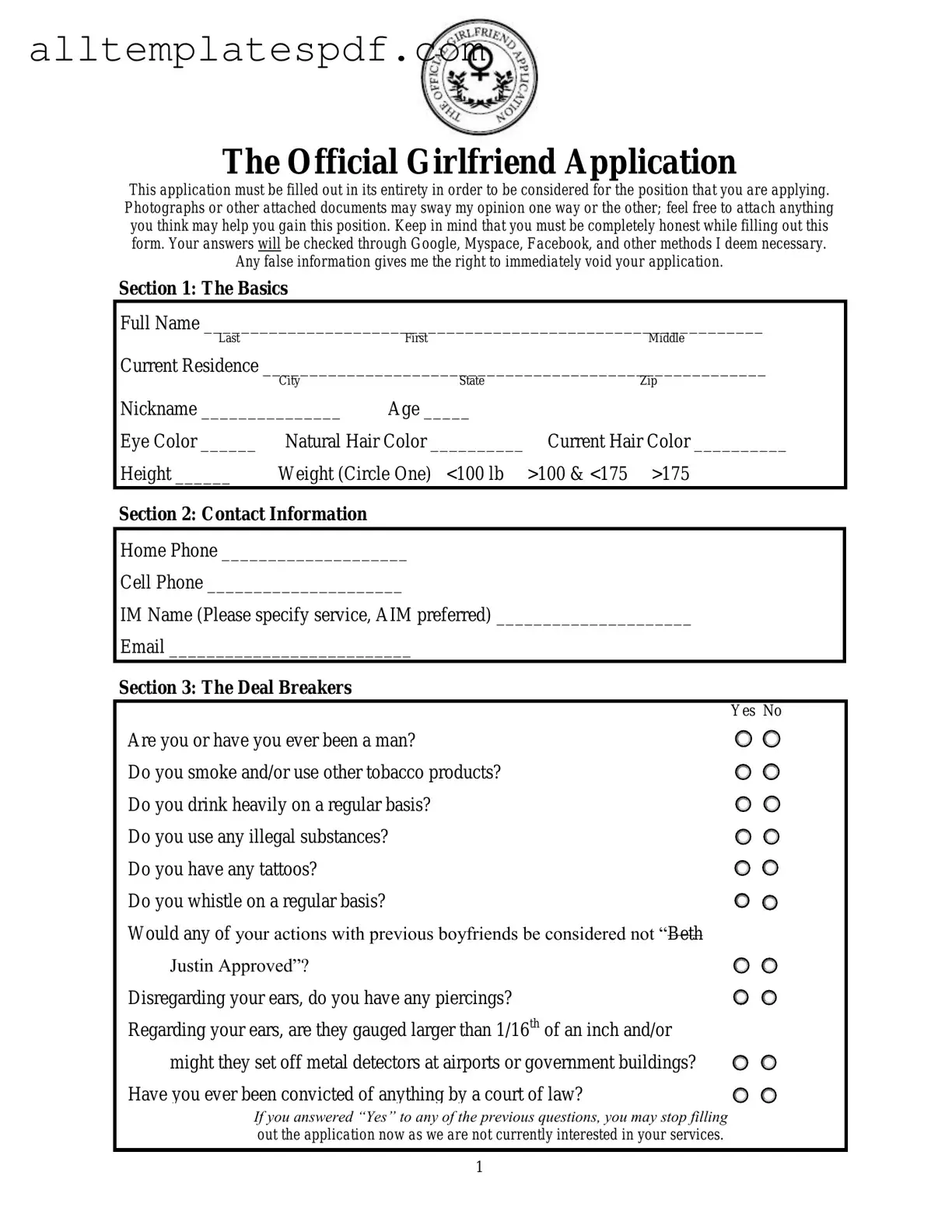Fill Out a Valid Girlfriend Application Form