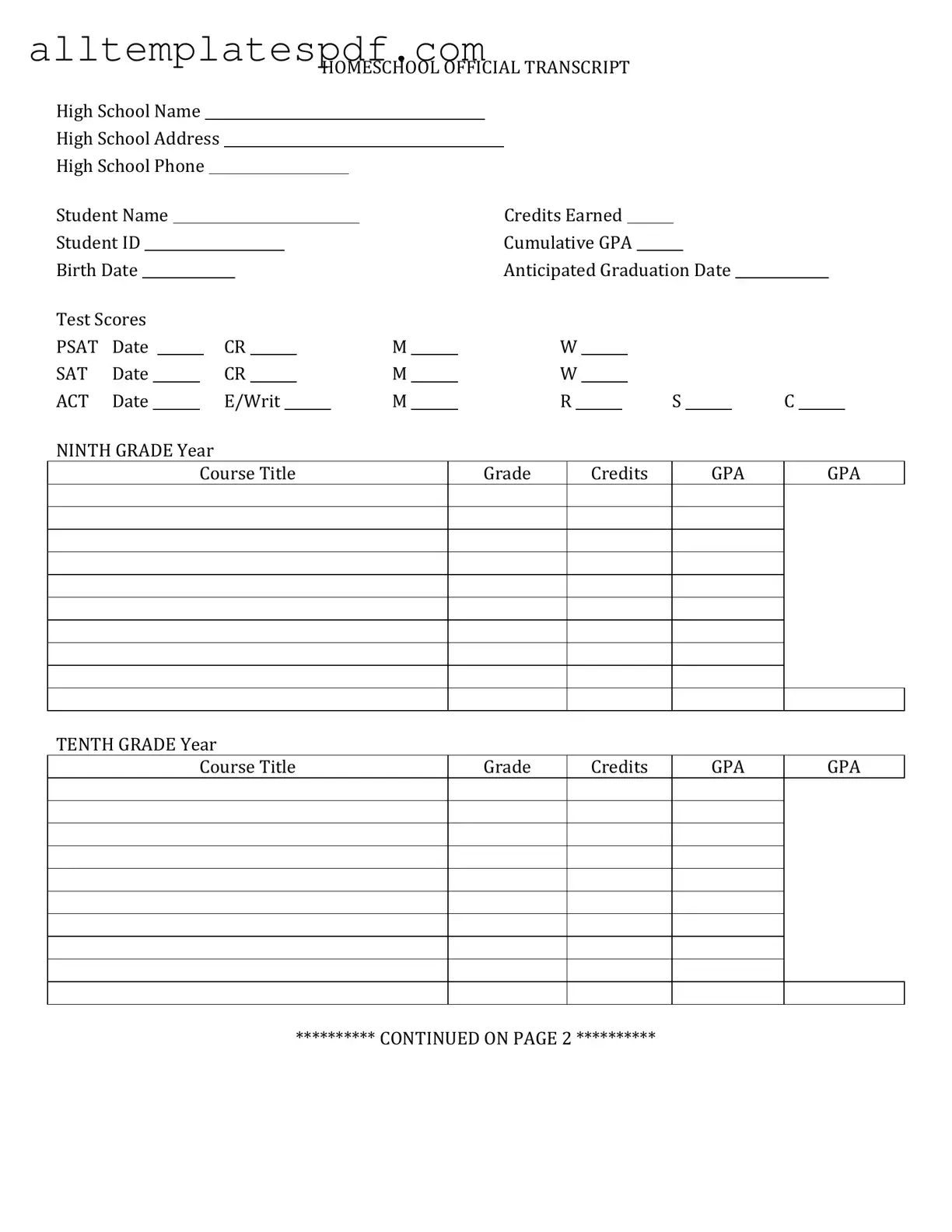 Fill Out a Valid High School Transcript Form