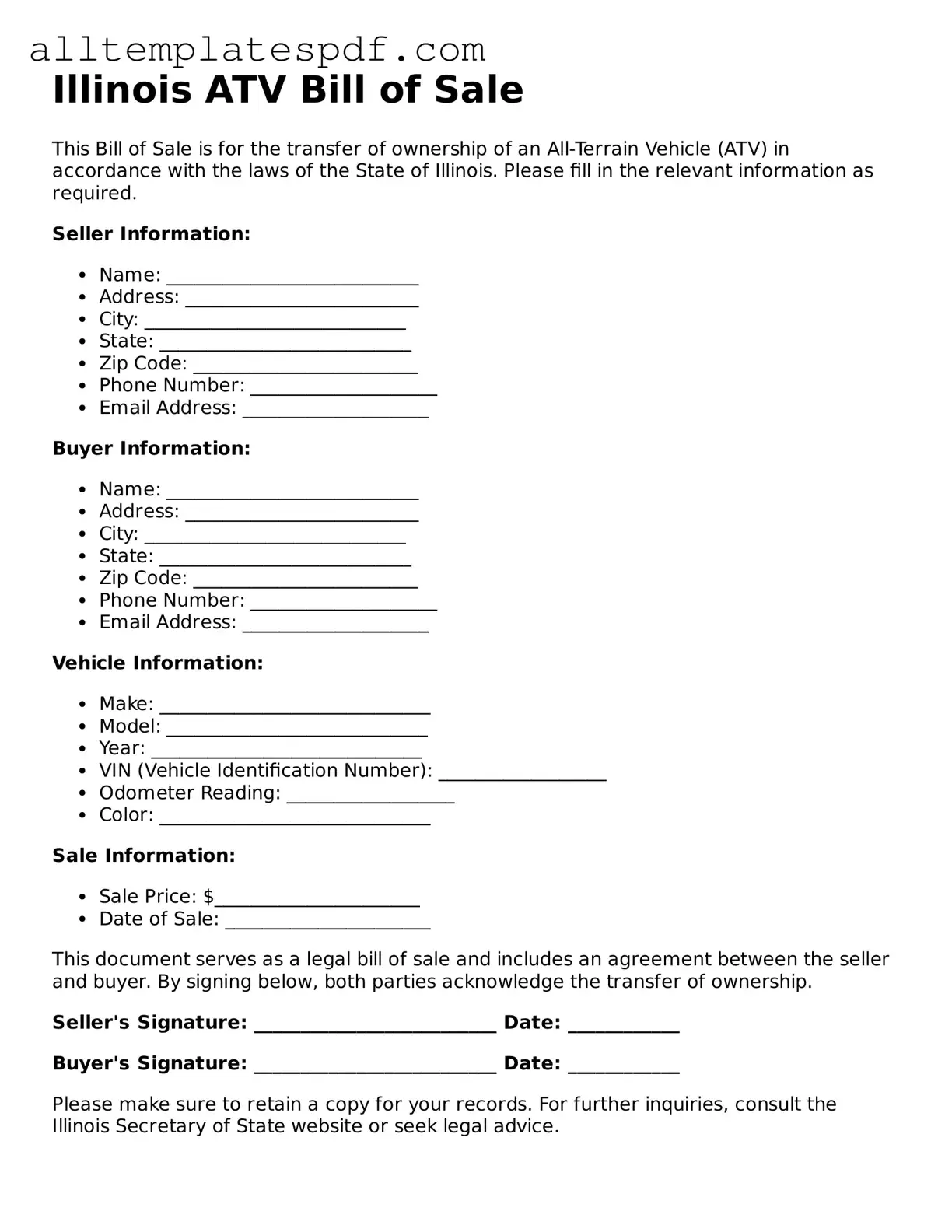 Blank ATV Bill of Sale Template for the State of Illinois