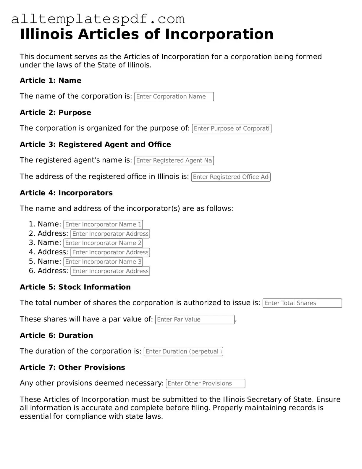 Blank Articles of Incorporation Template for the State of Illinois