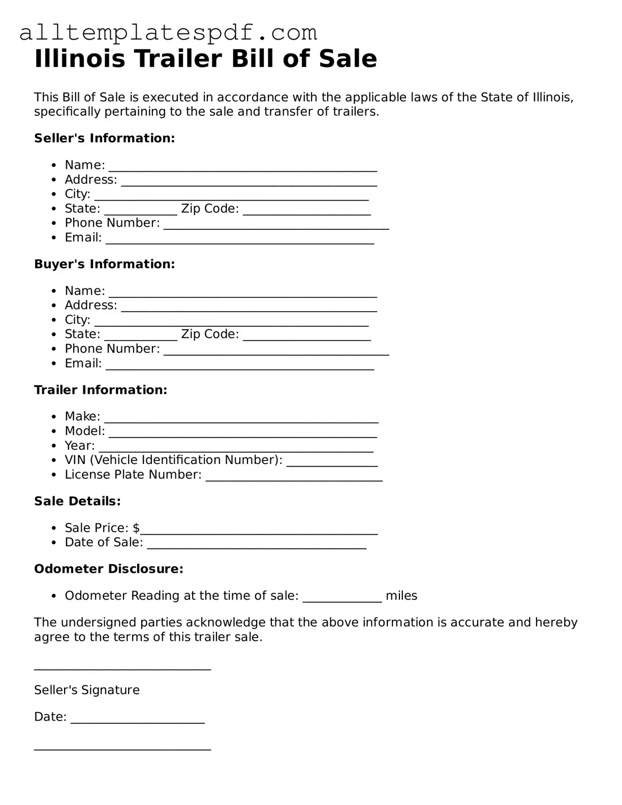Blank Trailer Bill of Sale Template for the State of Illinois