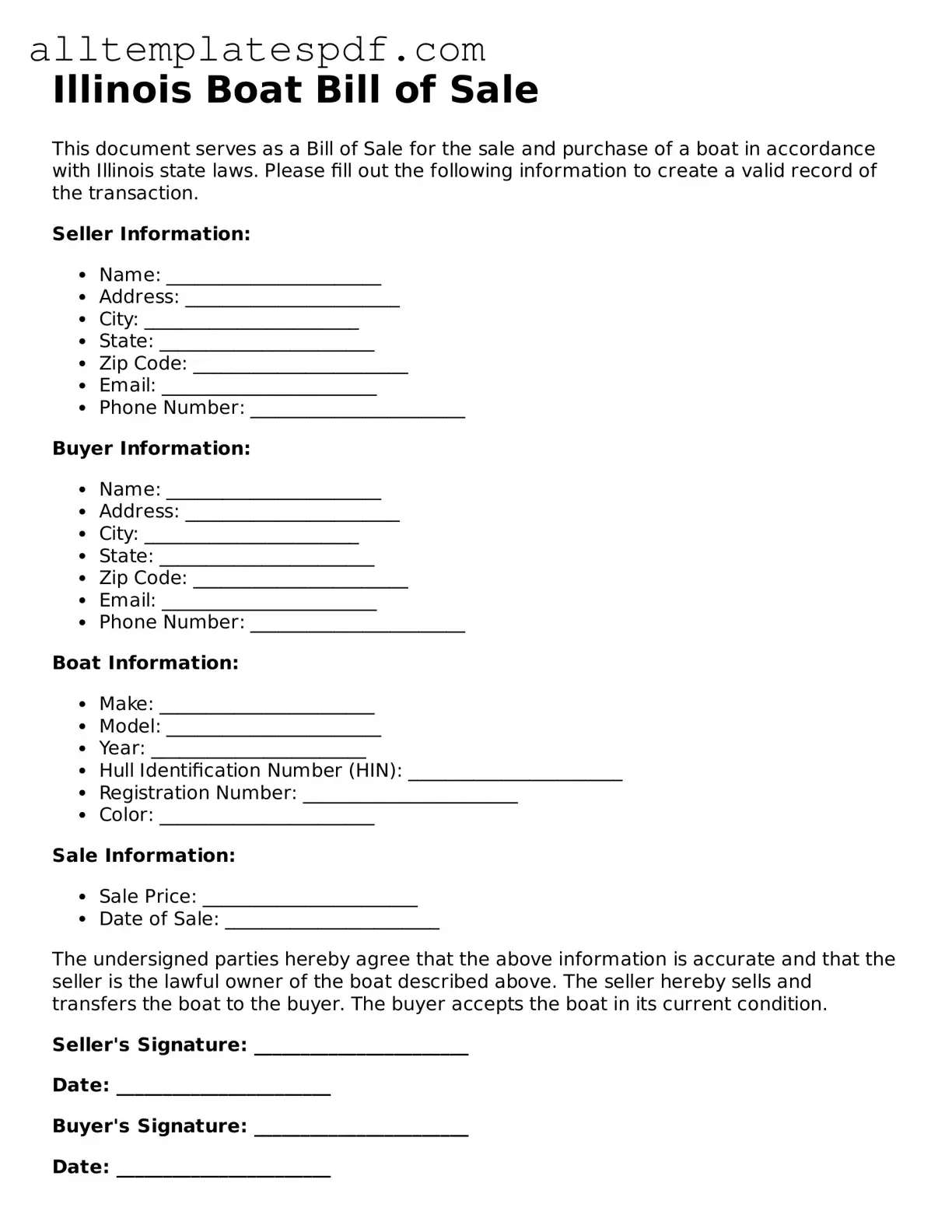 Blank Boat Bill of Sale Template for the State of Illinois