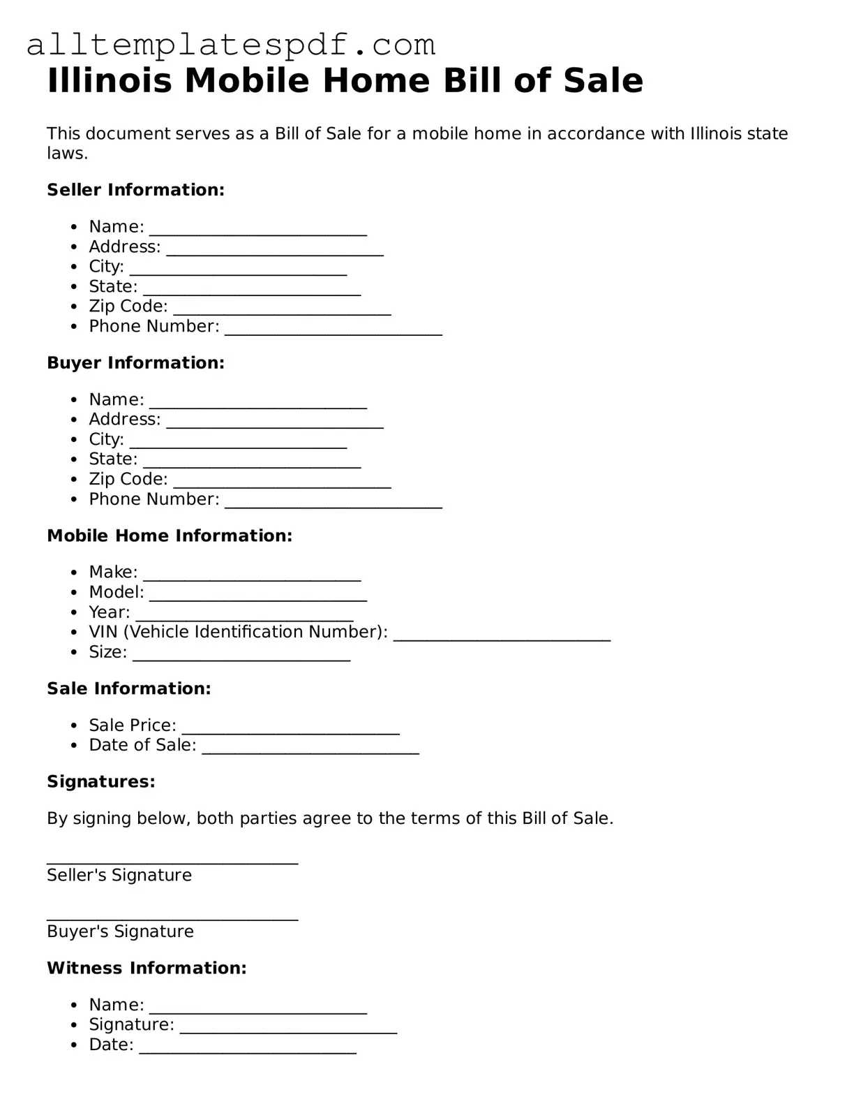 Blank Mobile Home Bill of Sale Template for the State of Illinois
