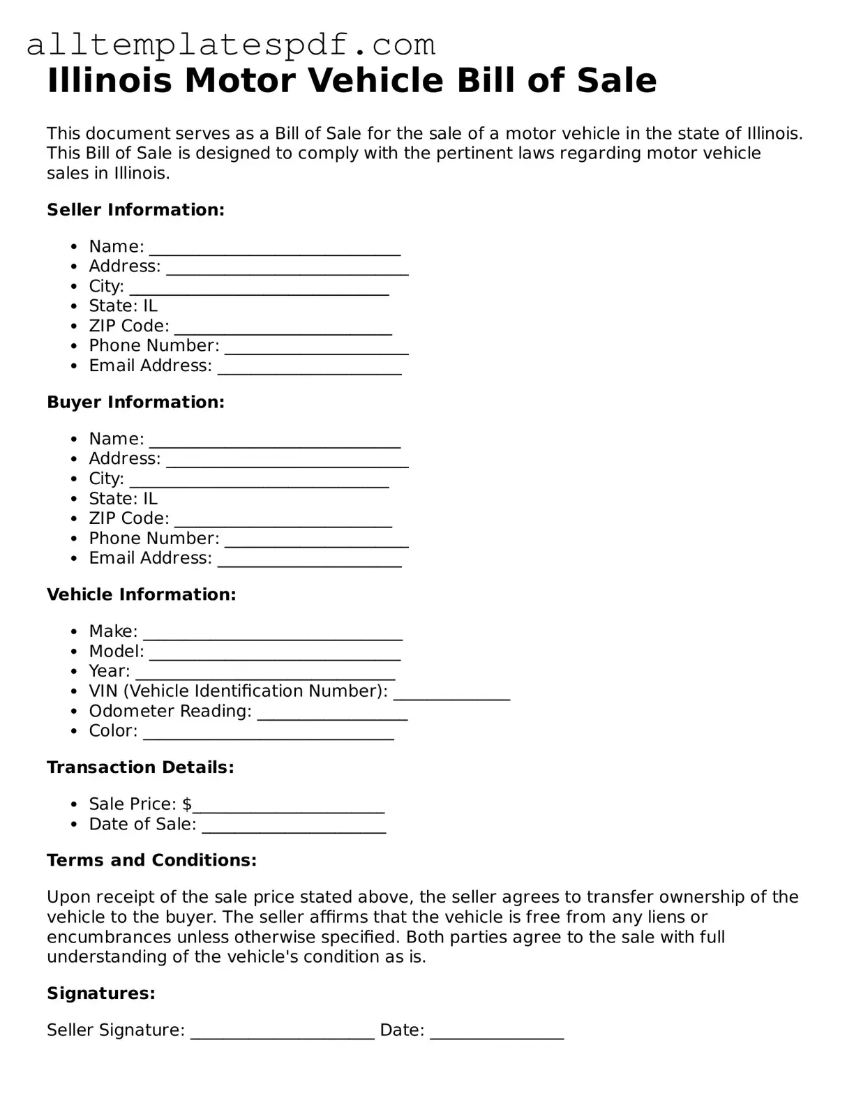 Blank Motor Vehicle Bill of Sale Template for the State of Illinois