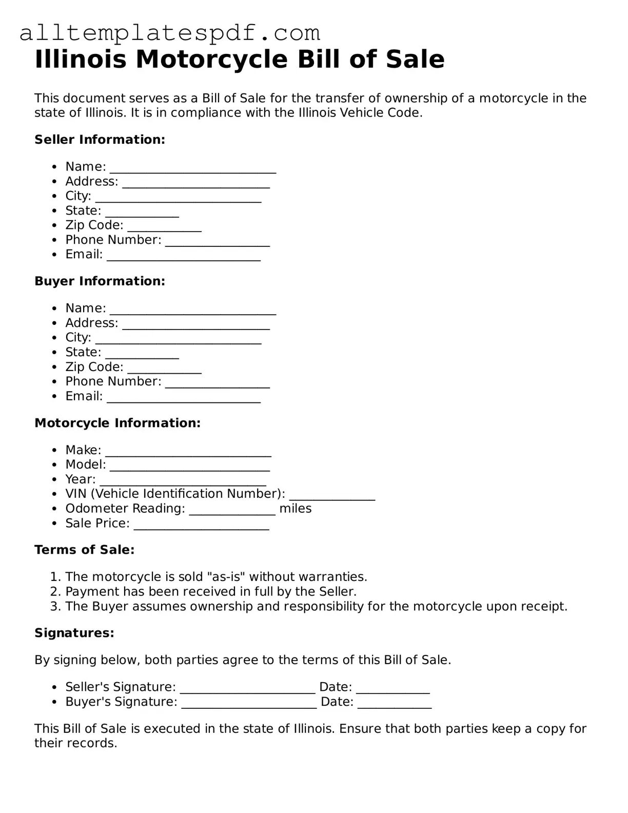 Blank Motorcycle Bill of Sale Template for the State of Illinois
