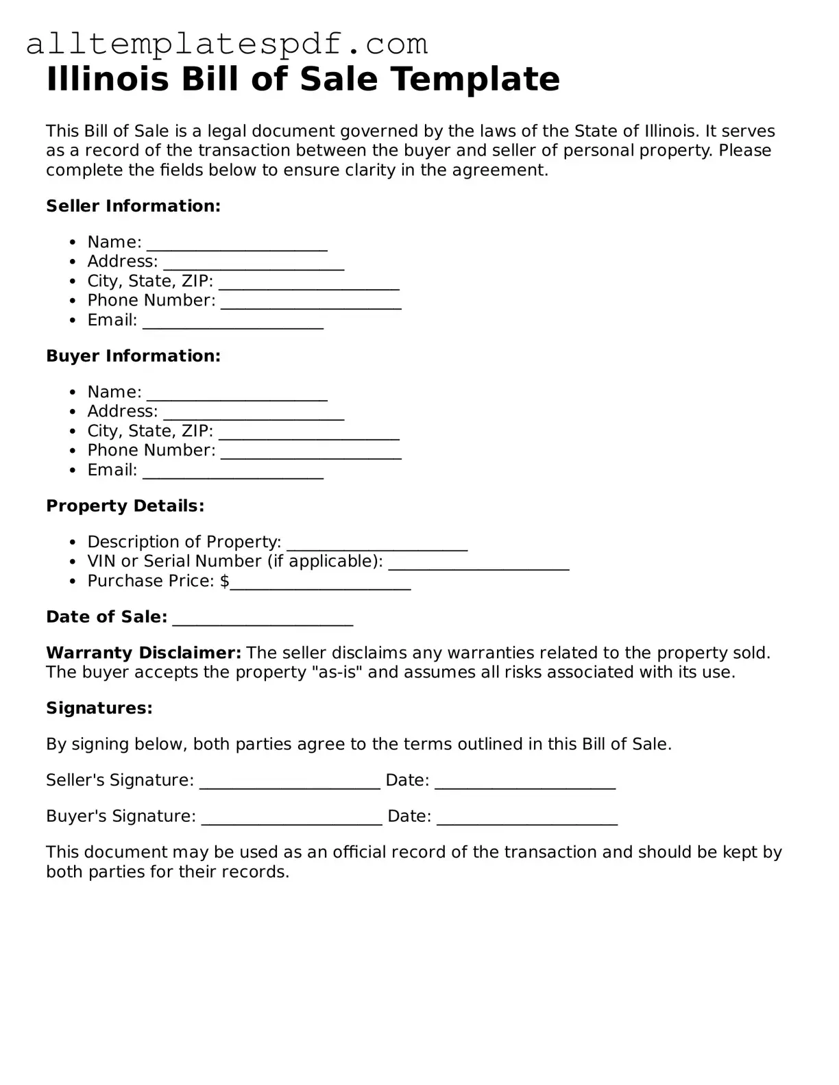 Blank Bill of Sale Template for the State of Illinois