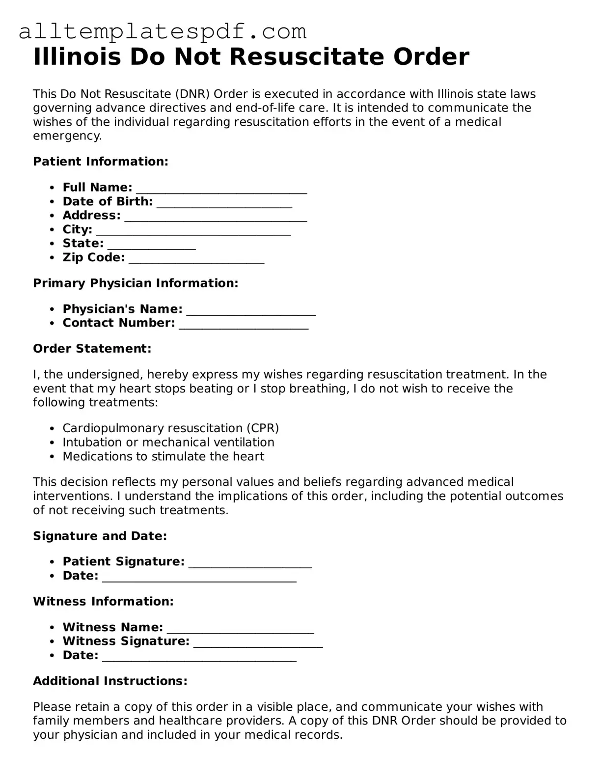 Blank Do Not Resuscitate Order Template for the State of Illinois