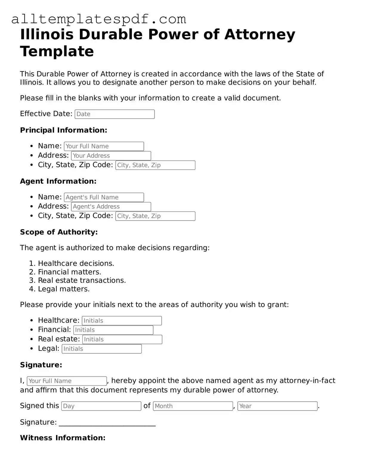 Blank Durable Power of Attorney Template for the State of Illinois