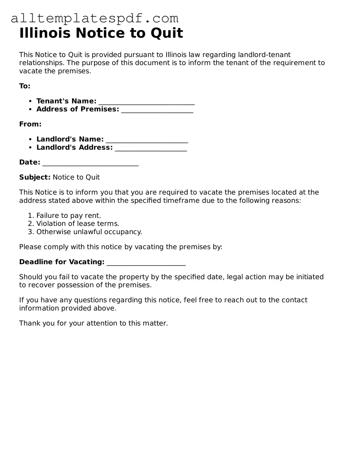Blank Notice to Quit Template for the State of Illinois