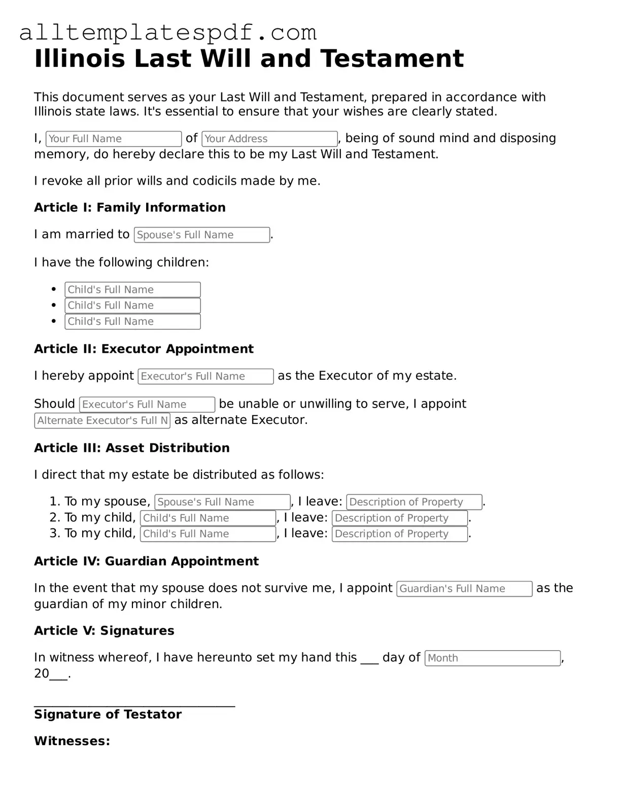 Blank Last Will and Testament Template for the State of Illinois