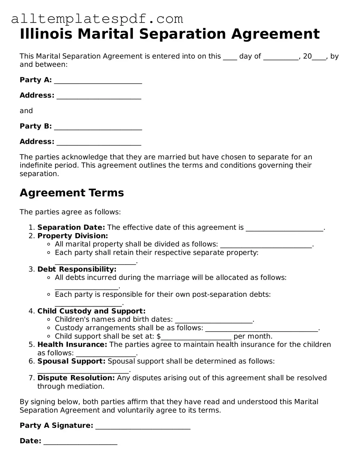 Blank Marital Separation Agreement Template for the State of Illinois