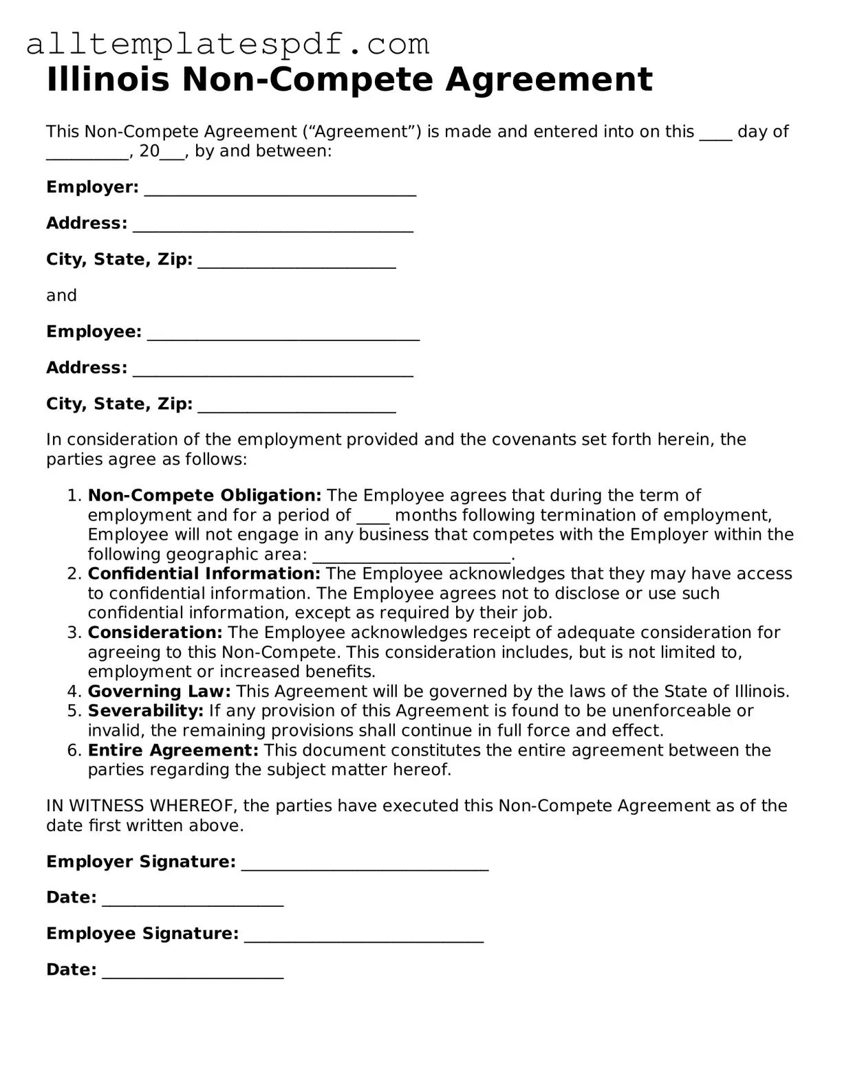Blank Non-compete Agreement Template for the State of Illinois