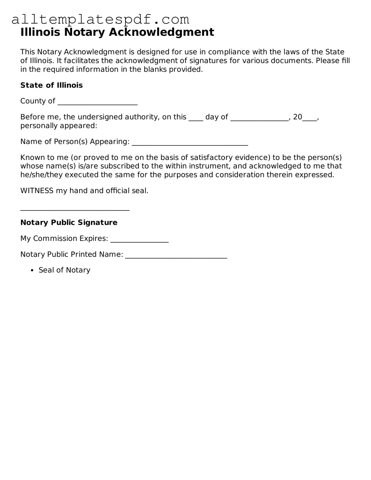 Blank Notary Acknowledgement Template for the State of Illinois