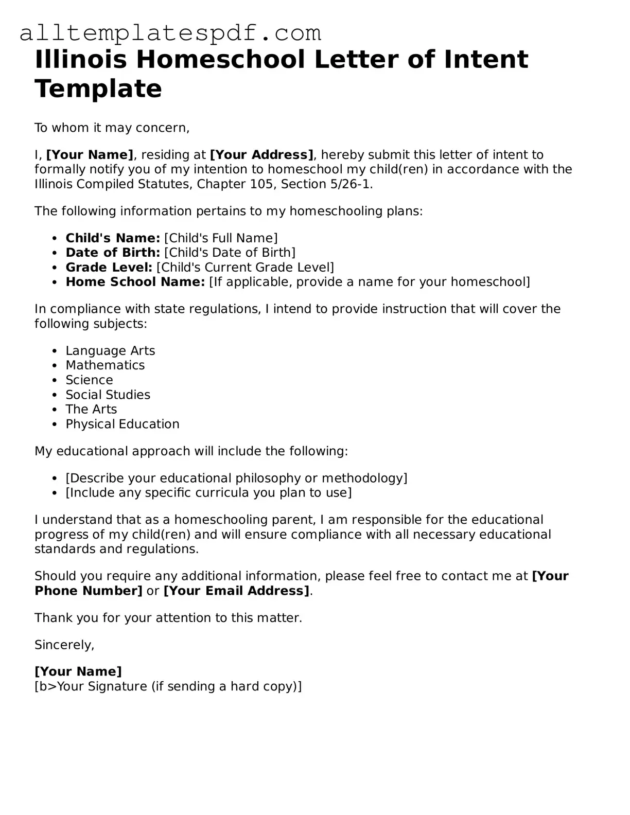 Blank Homeschool Letter of Intent Template for the State of Illinois