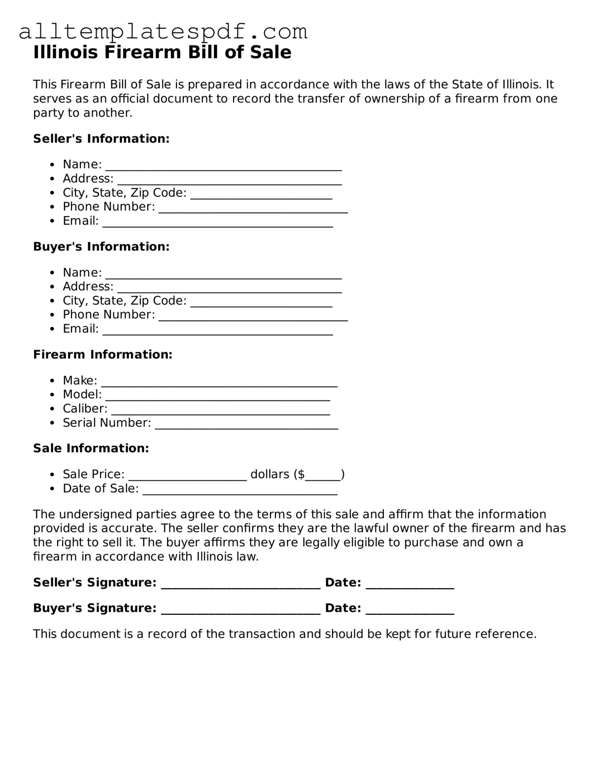 Blank Firearm Bill of Sale Template for the State of Illinois