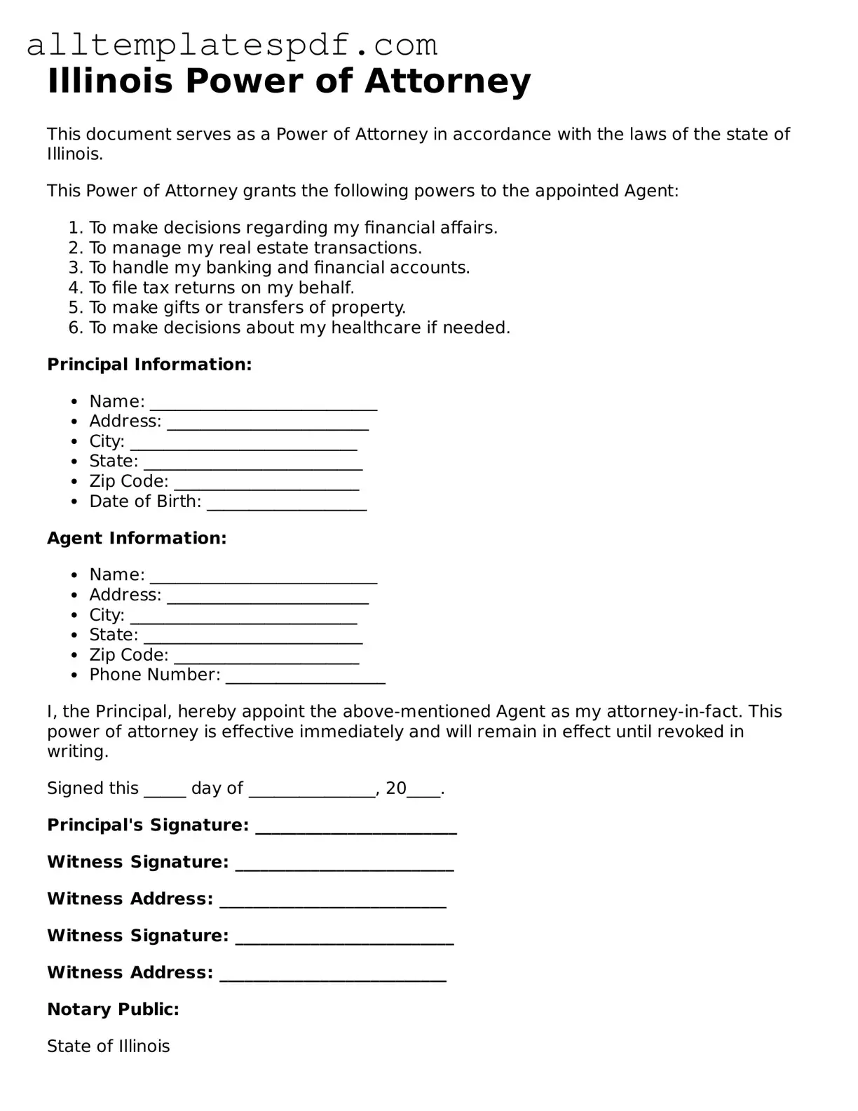 Blank Power of Attorney Template for the State of Illinois