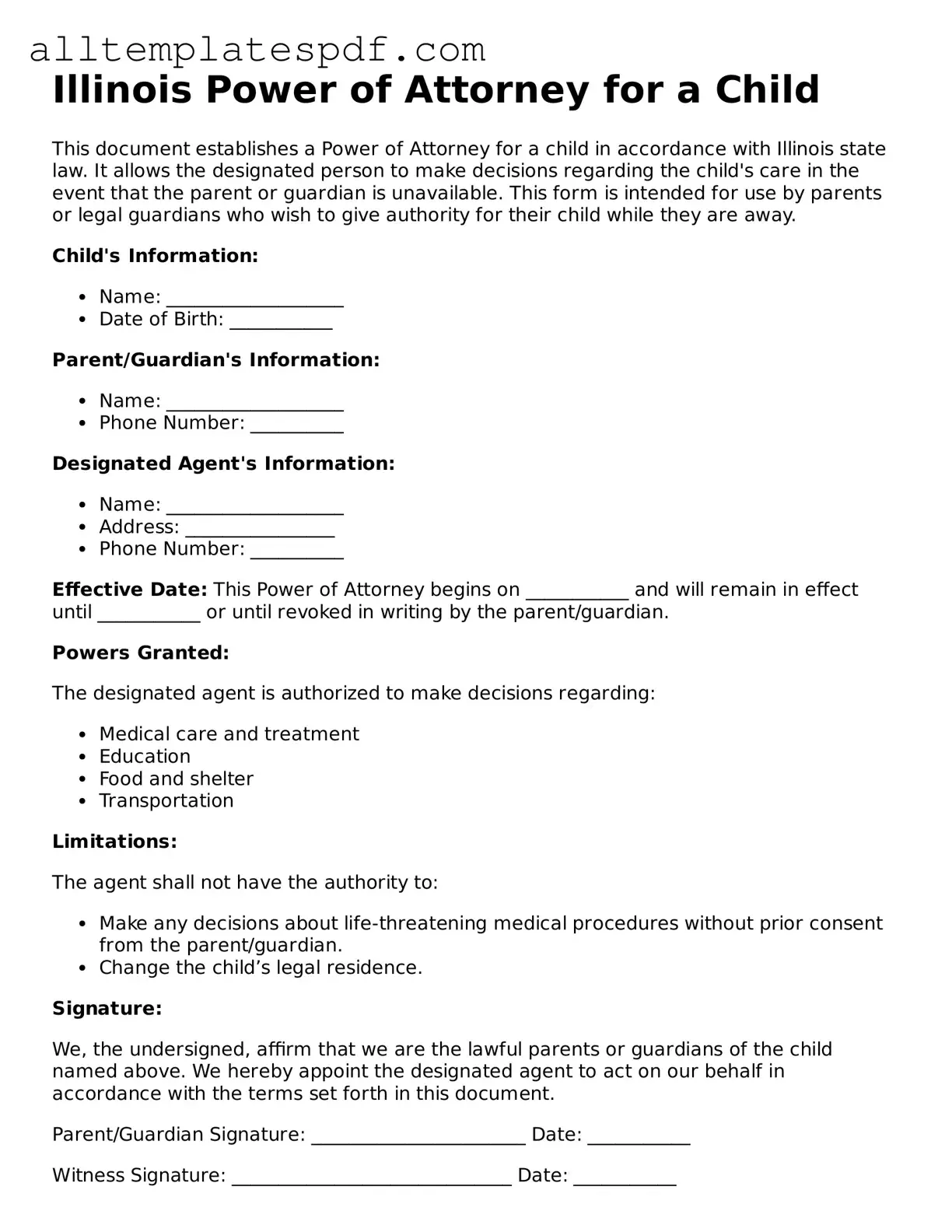 Blank Power of Attorney for a Child Template for the State of Illinois