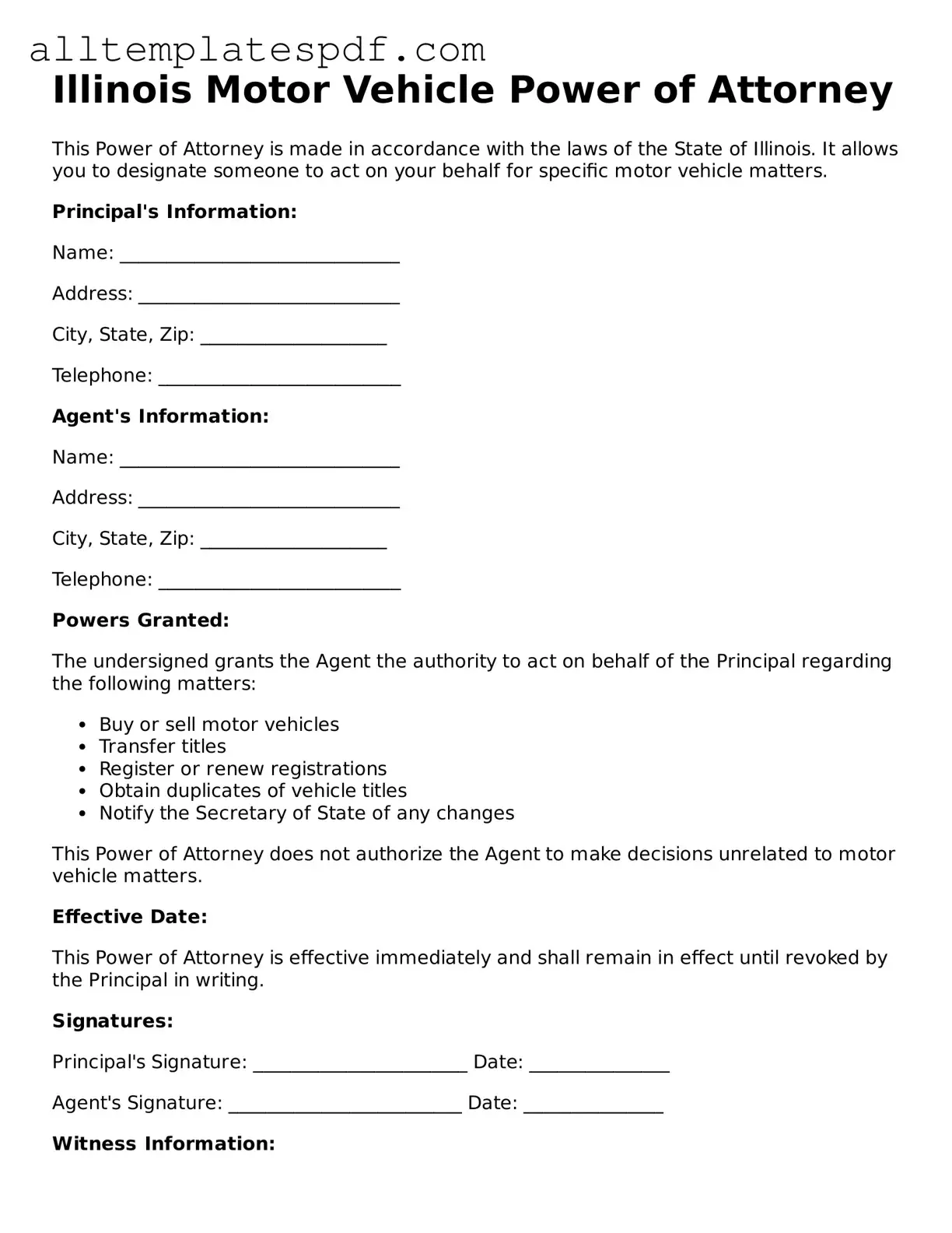 Blank Motor Vehicle Power of Attorney Template for the State of Illinois