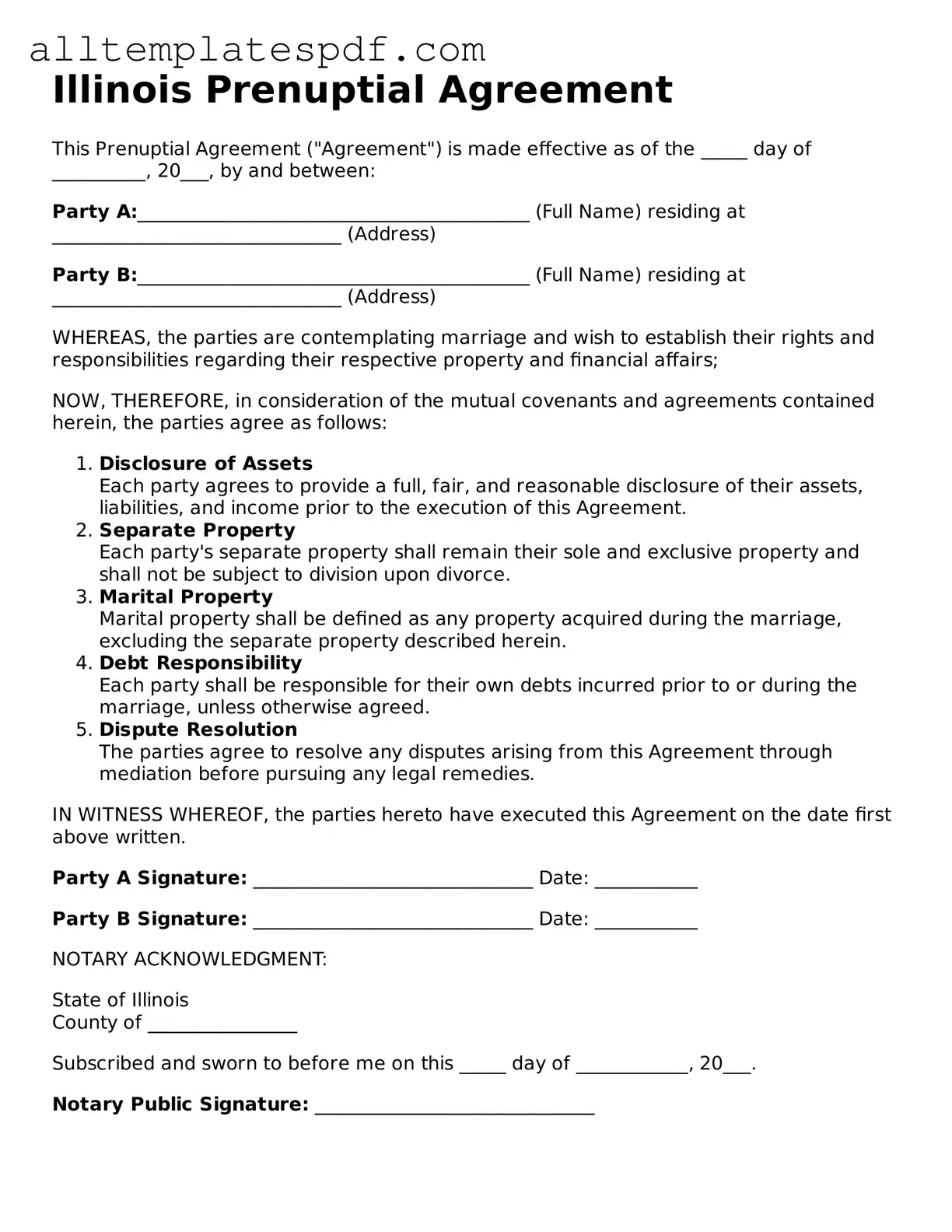 Blank Prenuptial Agreement Template for the State of Illinois
