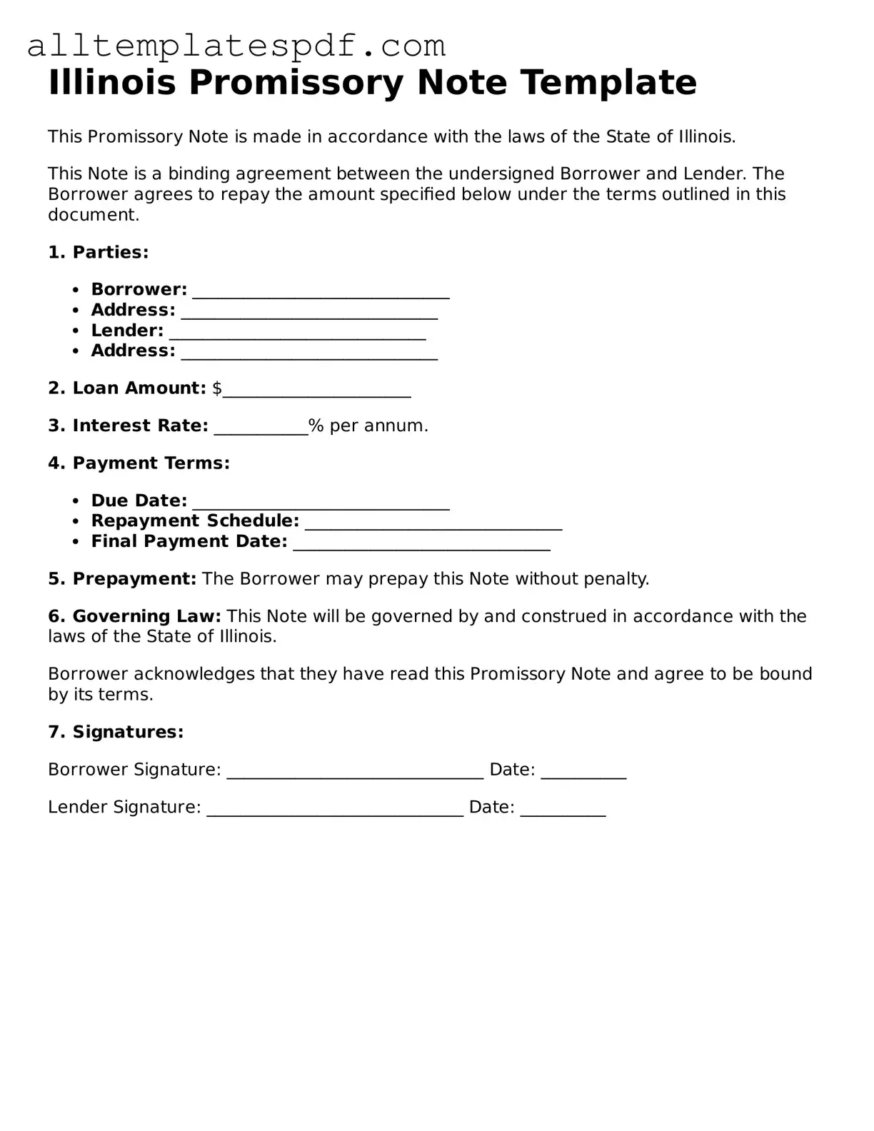 Blank Promissory Note Template for the State of Illinois
