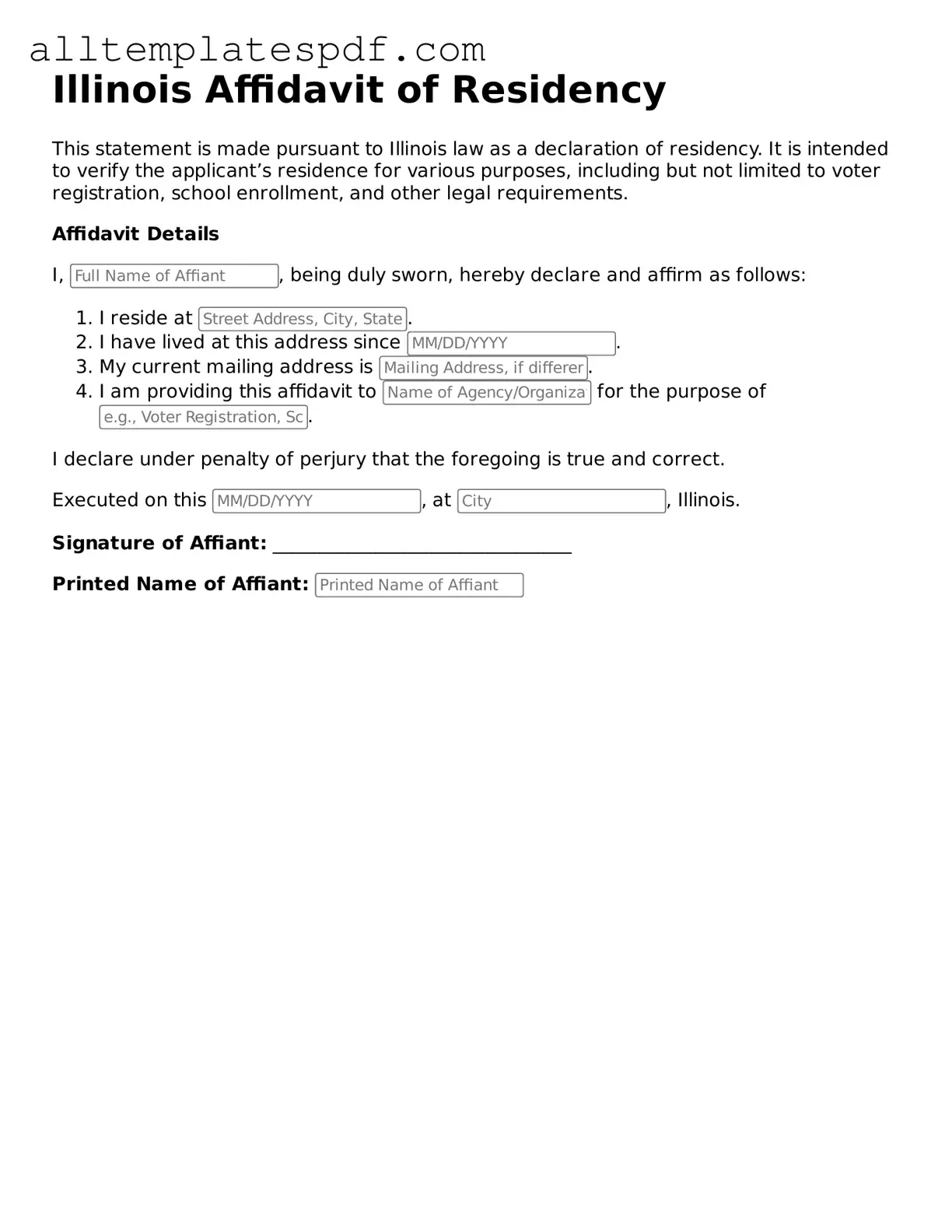Blank Affidavit of Residency Template for the State of Illinois