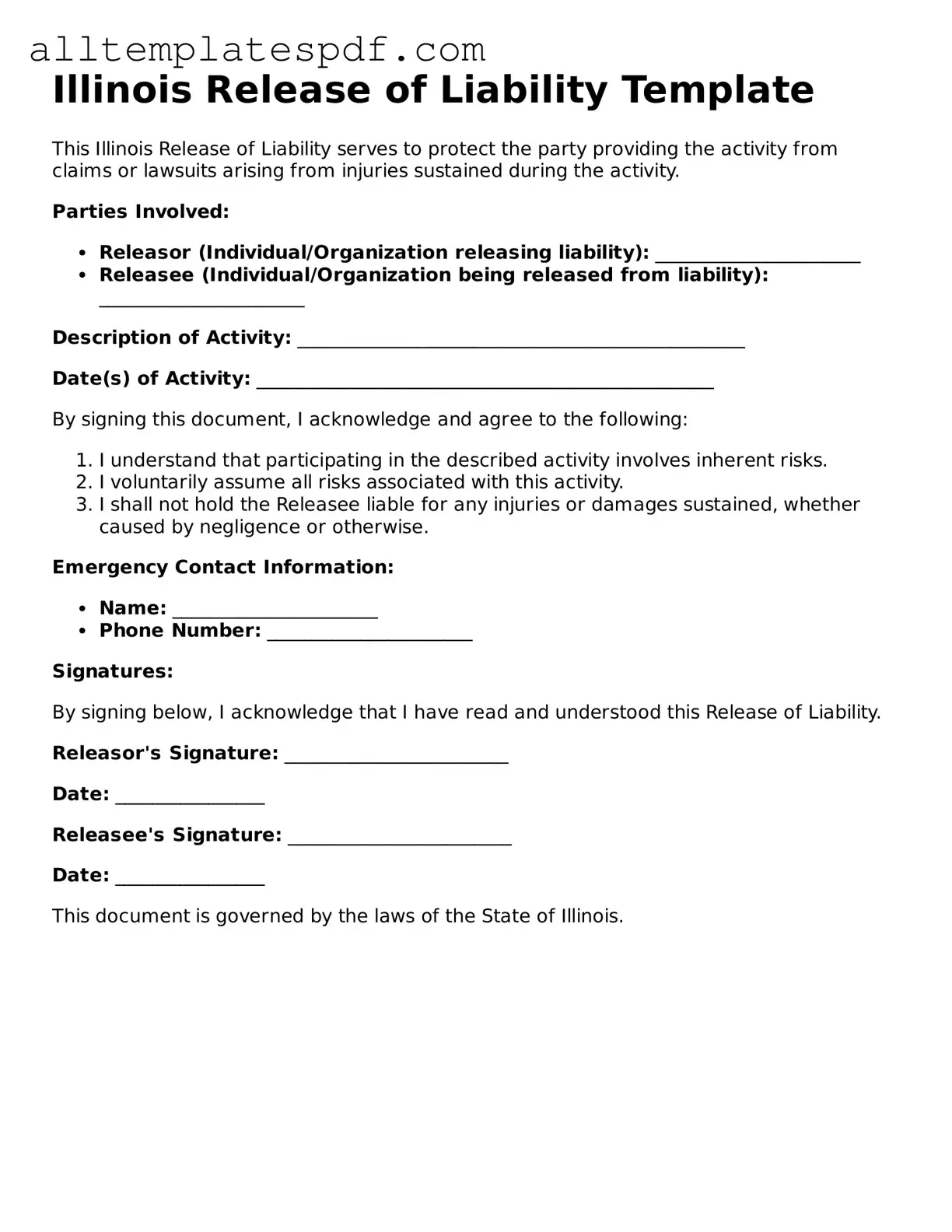 Blank Release of Liability Template for the State of Illinois