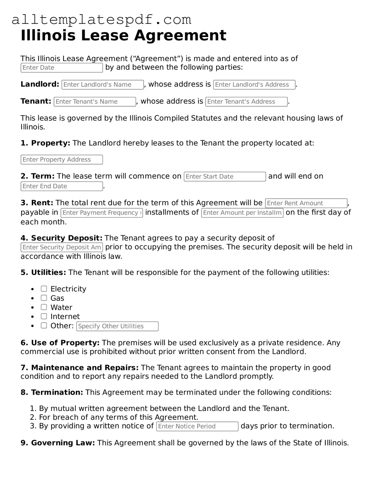 Blank Lease Agreement Template for the State of Illinois