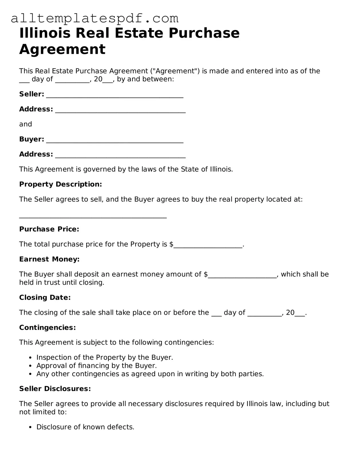 Blank Real Estate Purchase Agreement Template for the State of Illinois