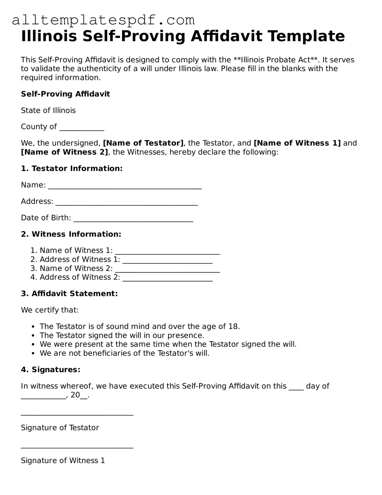 Blank Self-Proving Affidavit Template for the State of Illinois