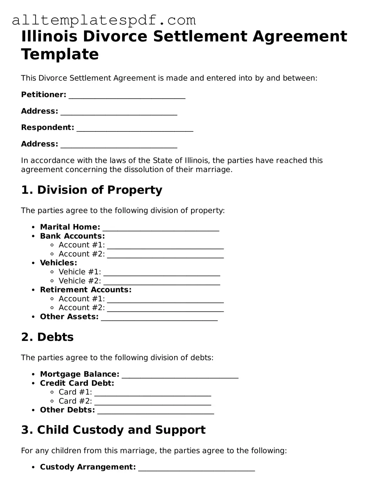 Blank Divorce Settlement Agreement Template for the State of Illinois