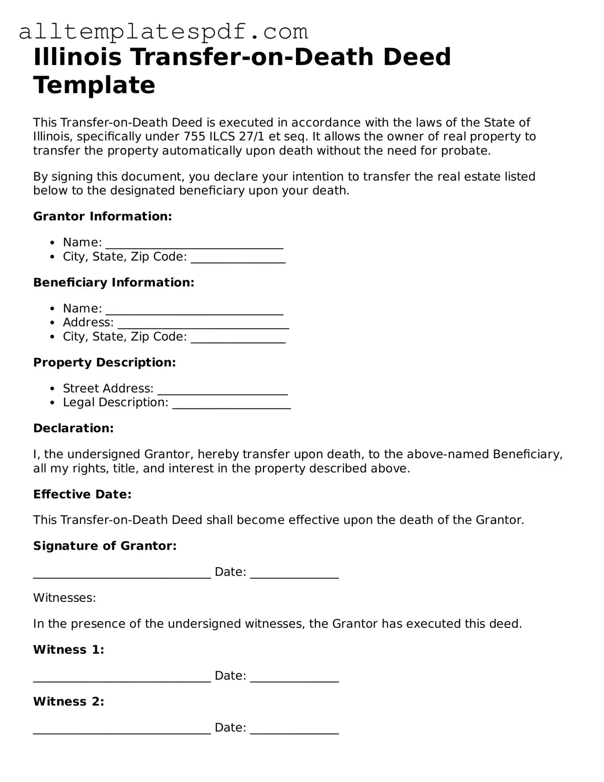 Blank Transfer-on-Death Deed Template for the State of Illinois